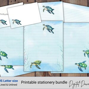May include: A printable stationery bundle featuring sea turtle illustrations on light blue backgrounds. The set includes lined and unlined paper sheets and envelopes, all displaying watercolor-style turtles. Text on the image reads US Letter size, Printable stationery bundle, Lined & Unlined, Digital Download.