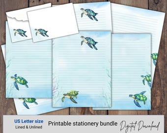 Sea Turtle Printable Stationery Set Letter Writing Paper Digital Download Lined Unlined Envelope Bundle USLetter PDF&JPG