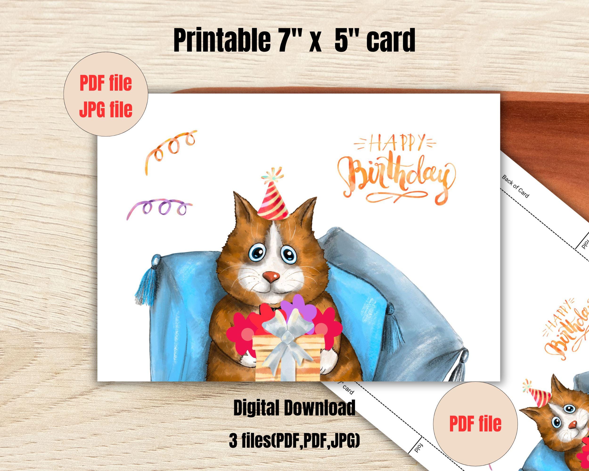 Printable Happy Birthday Cat Card :7x5 Inch( 3 Files Digital Download ...