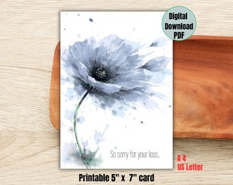 Biglietto di condoglianze, acquerello floreale, lutto minimalista, frasi di cordoglio (download digitale)