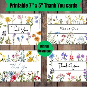 Cartões de agradecimento de flores silvestres, cartão de agradecimento floral, download instantâneo em PDF, cartões para impressão, cartão de felicitações em PDF, cartão de 7 x 5 polegadas