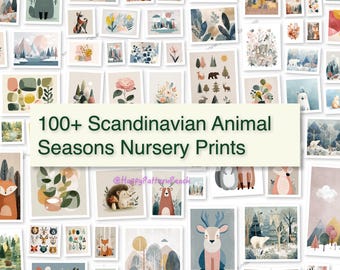 Más de 100 láminas para habitaciones infantiles: Láminas de animales escandinavos: Decoración cottagecore según las estaciones (descarga digital)