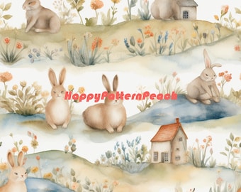 Patrón de acuarela de conejito de Pascua: Tela primaveral en tonos pastel (descarga digital)