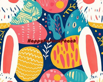 Patrón de Pascua divertido: Diseño sin costuras de conejito y huevos (descarga digital)