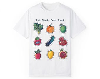 Camiseta "Come bien, siéntete bien": Ilustración de fruta vegana, camiseta unisex de algodón