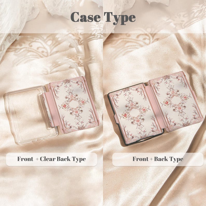 Puede incluir: Se muestran dos fundas para tel&eacute;fono con dise&ntilde;os florales. Una funda est&aacute; abierta, mostrando una parte trasera transparente, la otra est&aacute; cerrada. Las fundas tienen un borde rosa y un estampado floral crema. El texto "Case Type" est&aacute; en la parte superior.