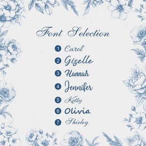 Puede incluir: Un fondo blanco con ilustraciones florales azules y el texto "Font Selection". La imagen enumera siete opciones de fuente: Carol, Giselle, Hannah, Jennifer, Kelly, Olivia y Shirley. Cada nombre de fuente est&aacute; numerado.