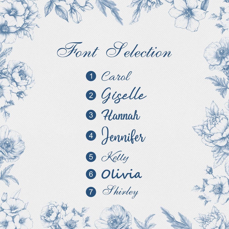 Puede incluir: Un fondo blanco con ilustraciones florales azules y el texto "Font Selection". La imagen enumera siete opciones de fuente: Carol, Giselle, Hannah, Jennifer, Kelly, Olivia y Shirley. Cada nombre de fuente est&aacute; numerado.