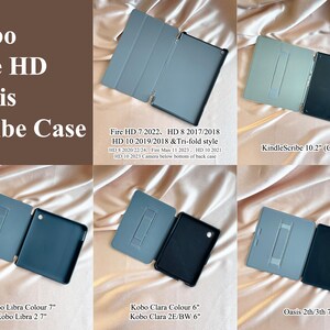 Puede incluir: Una colecci&oacute;n de fundas para tabletas en varios colores, incluyendo gris y negro. Las fundas est&aacute;n dise&ntilde;adas para los modelos Kobo, Fire HD, Oasis y Scribe. El texto en la imagen enumera los modelos compatibles y caracter&iacute;sticas, como el estilo tri-fold.