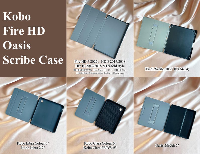 Puede incluir: Una colecci&oacute;n de fundas para tabletas en varios colores, incluyendo gris y negro. Las fundas est&aacute;n dise&ntilde;adas para los modelos Kobo, Fire HD, Oasis y Scribe. El texto en la imagen enumera los modelos compatibles y caracter&iacute;sticas, como el estilo tri-fold.