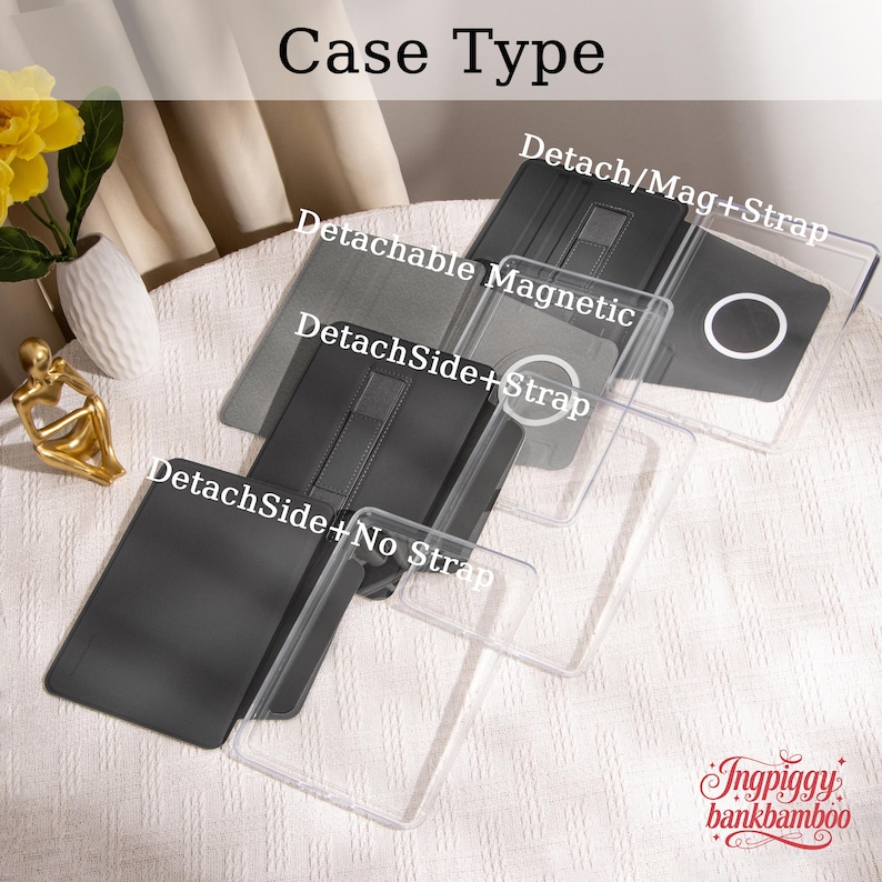 Puede incluir: Se muestran varios tipos de fundas para tel&eacute;fonos: Detach/Mag+Strap, Detachable Magnetic, DetachSide+Strap y DetachSide+No Strap. Las fundas son negras y transparentes, con el texto "Case Type" en la parte superior.
