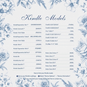 Puede incluir: Una lista de modelos Kindle y tabletas Fire, con nombres y c&oacute;digos de modelos. El texto se muestra en una fuente decorativa, con detalles florales en el fondo. Tambi&eacute;n se incluyen instrucciones sobre c&oacute;mo encontrar su modelo Kindle.