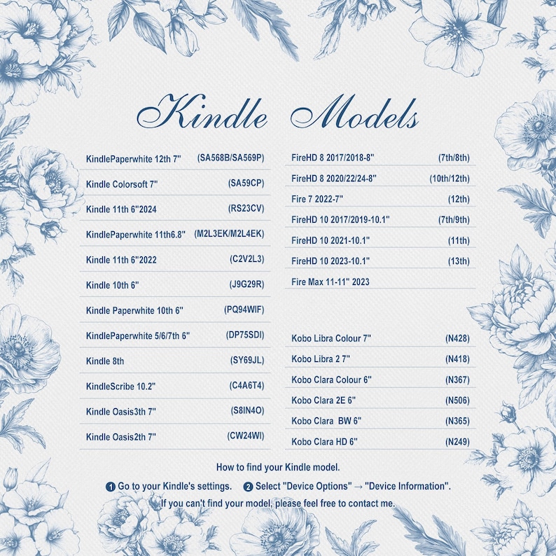 Puede incluir: Una lista de modelos Kindle y tabletas Fire, con nombres y c&oacute;digos de modelos. El texto se muestra en una fuente decorativa, con detalles florales en el fondo. Tambi&eacute;n se incluyen instrucciones sobre c&oacute;mo encontrar su modelo Kindle.
