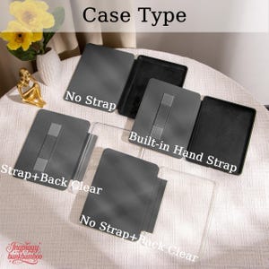 Puede incluir: Muestra de diferentes tipos de fundas para tabletas, incluyendo "No Strap" y "Built-in Hand Strap". Las fundas son principalmente grises y negras, con opciones de respaldo transparente. El texto "Case Type" se muestra en la parte superior.