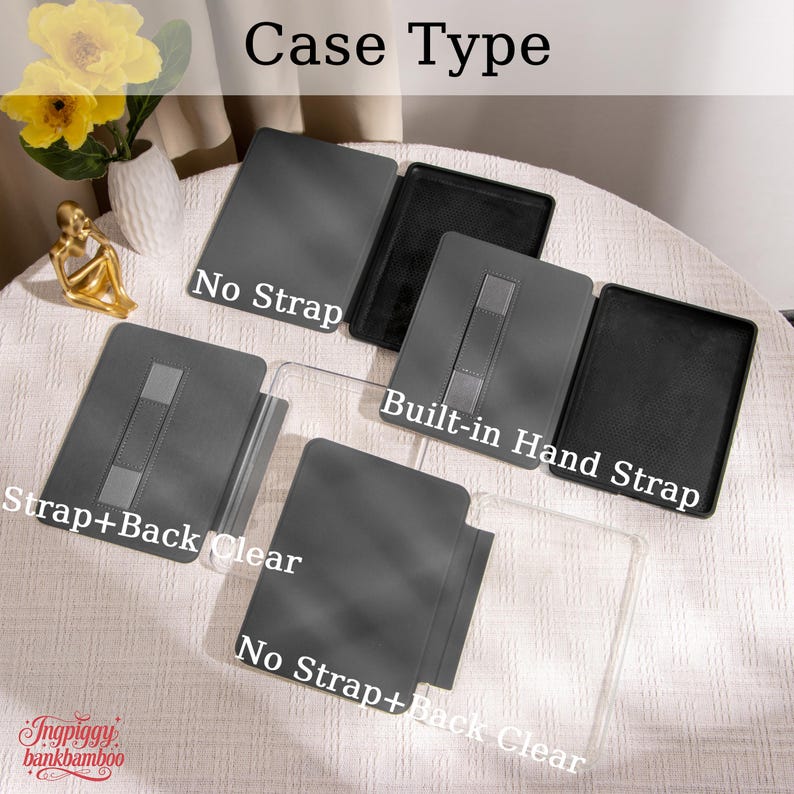 Puede incluir: Muestra de diferentes tipos de fundas para tabletas, incluyendo "No Strap" y "Built-in Hand Strap". Las fundas son principalmente grises y negras, con opciones de respaldo transparente. El texto "Case Type" se muestra en la parte superior.