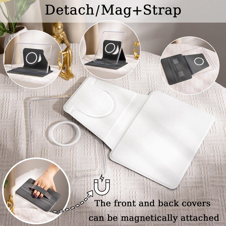 Puede incluir: Funda de tableta transparente y desmontable con correa magn&eacute;tica. La funda tiene un interior blanco y un exterior transparente. El texto dice "Detach/Mag+Strap" y "The front and back covers can be magnetically attached".