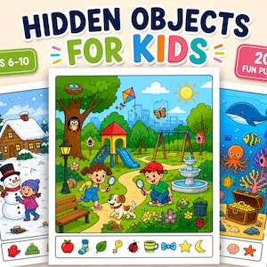 以下が含まれることがあります： HIDDEN OBJECTS FOR KIDSと題された3枚のアクティビティシートのセット。雪の冬の風景、遊具のある公園、宝箱と海の生き物が描かれた水中シーンのカラフルな漫画風イラストが特徴です。