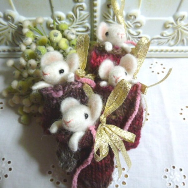 Mouse in hand knit mitten Christmas ornament decor needle felted wool