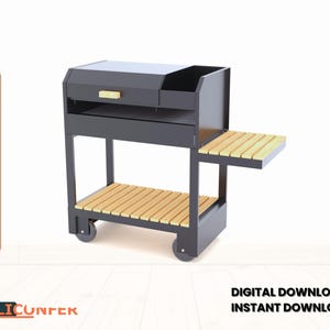 Può includere: Un carrello per griglia in metallo nero con un piano e uno scaffale laterale in legno. Il carrello ha due ruote su ogni lato e un cassetto nella parte anteriore. Il carrello è su uno sfondo bianco. Download digitale Download immediato.