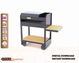 Parrilla de encimera con ruedas y estantes de madera