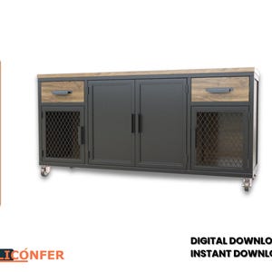 May include: A large, industrial-style cabinet with a metal frame and wooden top. The cabinet has two doors, two drawers, and two sections with wire mesh. It is on wheels and has the words "DIGITAL DOWNLOAD" and "INSTANT DOWNLOAD".