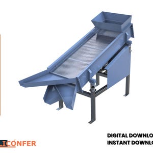 Pode incluir: Uma máquina de peneiramento industrial azul com uma tela de metal perfurada, suportada por uma estrutura e pernas pretas. A imagem inclui o texto "DOWNLOAD DIGITAL DOWNLOAD INSTANTÂNEO".