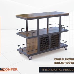 Puede incluir: Un carro de servicio de metal de tres niveles con estantes de madera. El carro tiene un marco de metal negro y puertas de malla de alambre. El carro tiene ruedas y es perfecto para servir bebidas y aperitivos.