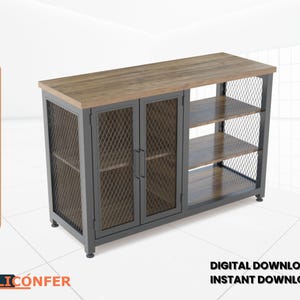 May include: A gray metal cabinet with two doors and three shelves. The doors have a wire mesh design and the shelves are made of wood. The cabinet has a wood top.