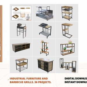 May include: A collection of industrial furniture and barbecue grill designs. The image showcases various metal and wood furniture pieces, including shelves, tables, and a grill. The text reads "INDUSTRIAL FURNITURE AND BARBECUE GRILLS. 36 PROJECTS."