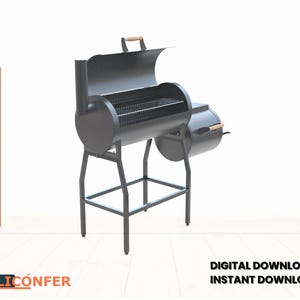 Puede incluir: Una parrilla de barbacoa de metal negro con una cámara de cocción cilíndrica y un fogón lateral. La parrilla tiene una tapa con bisagras, una rejilla de cocción y un asa de madera. El texto "DESCARGA DIGITAL DESCARGA INSTANTÁNEA" es visible.