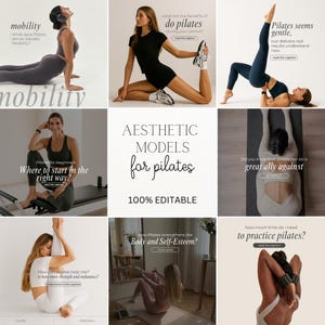 Peut inclure: Modèles esthétiques pour le Pilates. L'image présente diverses poses et exercices. Le texte comprend "mobilité", "faire du pilates", "Pilates pour débutants" et "Comment le Pilates renforce le corps et l'estime de soi ?" L'image est 100% modifiable.