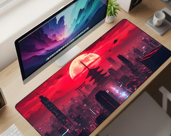 Cyberpunk Red City Desk Mat XL – Futuristic Skyline Mouse Pad, Neon Night Extended Deskpad