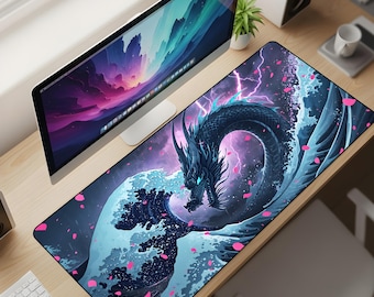 Storm Dragon Wave Desk Mat XL – Japanese Aesthetic Gaming Mouse Pad, Mythical Sea Dragon Extended Deskpad