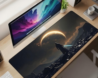 Sci-Fi Eclipse Desk Mat XL – Futuristic Space Traveler Mouse Pad, Dark Galaxy Extended Deskpad
