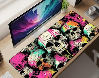 Neon Skull Desk Mat XL – Graffiti Street Art Mouse Pad, Punk Aesthetic Gaming Extended Deskpad
