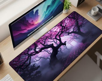 Mystic Sakura Forest Desk Mat XL – Japanese Cherry Blossom Mouse Pad, Pink Fog Aesthetic Extended Deskpad