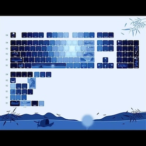 May include: A blue and white keyboard with a Japanese-inspired design. The keys are decorated with images of mountains, rivers, and other natural elements. The keyboard is set against a background of a blue sky and water.