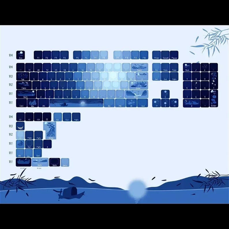 May include: A blue and white keyboard with a Japanese-inspired design. The keys are decorated with images of mountains, rivers, and other natural elements. The keyboard is set against a background of a blue sky and water.