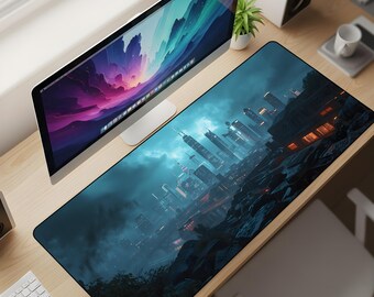 Midnight Skyline Sanctuary Desk Mat XL – Teal Urban Metropolis Mouse Pad, Moody City Night Extended Deskpad