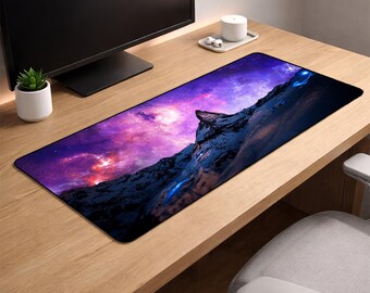 Galaxy Mountain Desk Mat XL – Cosmic Night Sky Gaming Mouse Pad, Purple Nebula Extended Deskpad