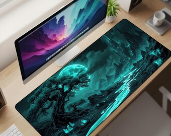 Spectral Hollow Citadel Desk Mat XL – Ethereal Cyan Moon Mouse Pad, Dark Fantasy Realm Extended Deskpad