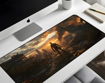 Post Apocalyptic Survivor Desk Mat XL – Ruined City Gaming Mouse Pad, Dystopian Sunset Extended Deskpad