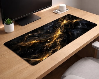 Golden Abstract Wave Desk Mat XL – Luxury Black & Gold Gaming Mouse Pad, Modern Aesthetic Extended Deskpad