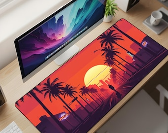 Retro Synthwave Sunset Desk Mat XL – 80s Outrun Palm Avenue Mouse Pad, Neon Cityscape Aesthetic Extended Deskpad