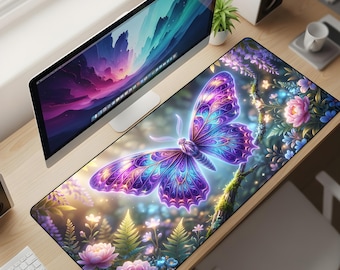Enchanted Butterfly Desk Mat XL – Fantasy Floral Mouse Pad, Aesthetic Glow Garden Extended Deskpad