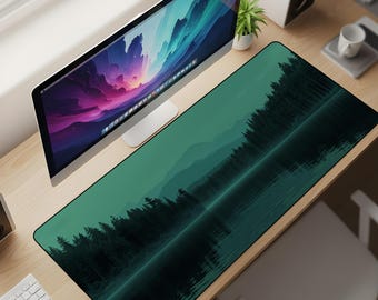 Alpine Solitude Desk Mat XL – Misty Pine Lake Mouse Pad, Emerald Mountain Horizon Aesthetic Extended Deskpad