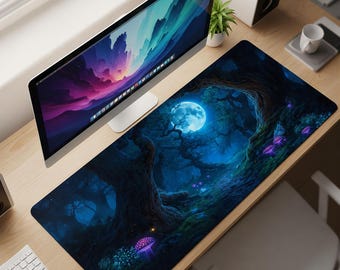 Enchanted Bioluminescence Desk Mat XL – Mystical Moonlight Forest Mouse Pad, Glowing Mushroom Aesthetic Extended Deskpad