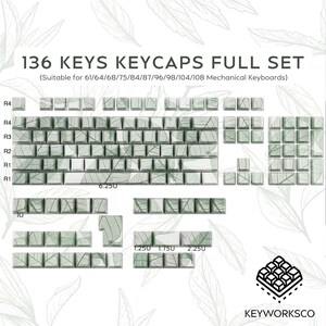 K&ouml;nnte beinhalten: Ein komplettes Set von 136 Tastenkappen f&uuml;r mechanische Tastaturen. Die Tastenkappen sind hellgr&uuml;n mit einem Bl&auml;ttermuster. Das Set ist f&uuml;r mechanische Tastaturen 61, 64, 68, 75, 84, 87, 96, 98, 104 und 108 geeignet.