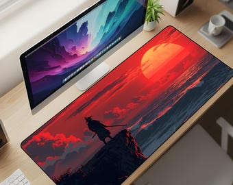 Crimson Samurai Sunset Desk Mat XL – Japanese Ocean Warrior Mouse Pad, Red Sun Aesthetic Deskpad