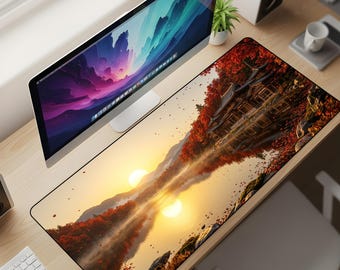 Amber Dynasty Desk Mat XL – Golden Autumn Temple Mouse Pad, Traditional Japanese Sunset Aesthetic Extended Deskpad